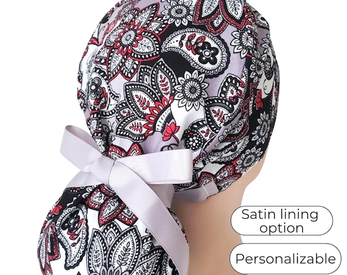 Ponytail Scrub Cap - Surgical Cap - Satin Lining Option - Bali print - FifthCraftyStreet