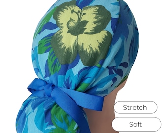 Stretch Ponytail Scrub Cap: blue tropical floral print adjustable scrub hat
