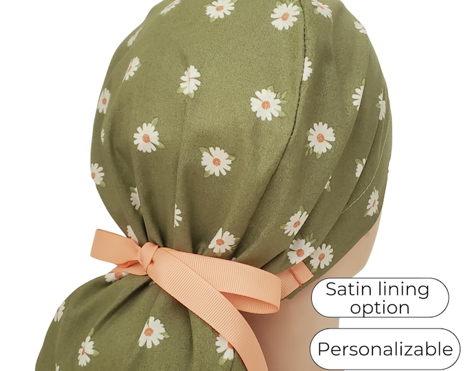 Olive Daisy Ponytail Scrub Cap Floral Surgical Hat Peach Ties, Satin Lining option
