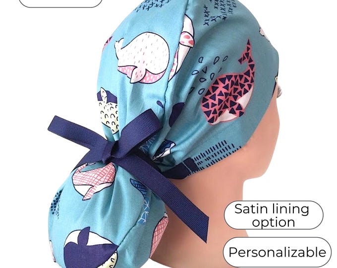 Ponytail Scrub Cap Whale Print – Satin Lined Surgical Cap for Women