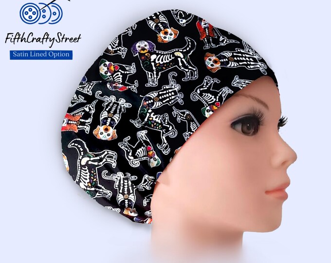 Euro Scrub Cap - Adjustable - Satin Lining option - Day of the Dead - FifthCraftyStreet