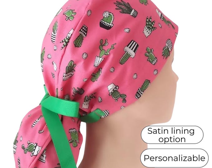 Cactus Ponytail Scrub Cap for Women - Tropical Surgical Cap Satin Lined Option - FifthCraftyStreet