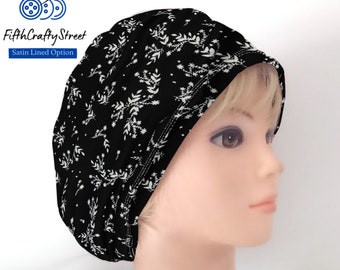 Stretchy Scrub Caps - Surgical Euro Scrub Cap - Black White Floral -