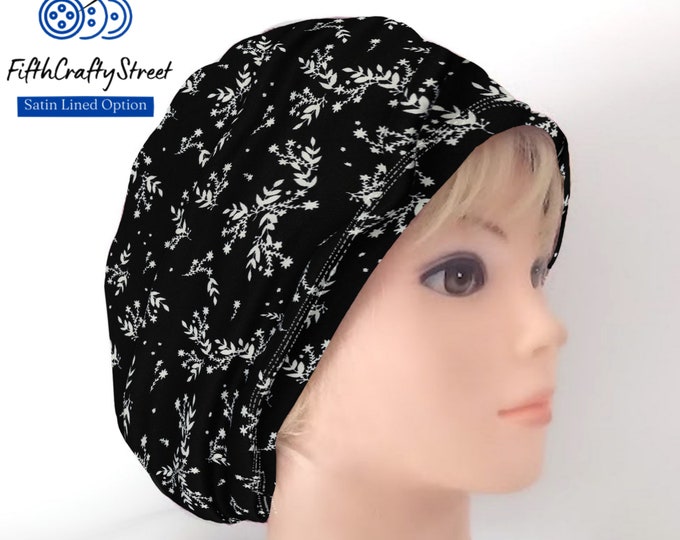 Stretchy Scrub Caps - Surgical Euro Scrub Cap - Black White Floral - FifthCraftyStreet