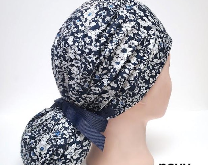Navy/Black/Maroon Ponytail Scrub Cap for Women - Floral Surgical Cap with Ponytail Holder - FifthCraftyStreet