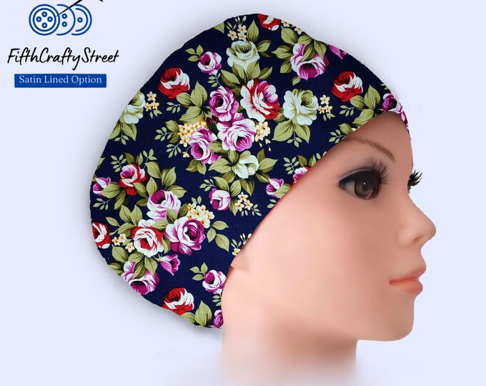 Euro Scrub Caps - Adjustable - Satin Lining option - Floral on navy - FifthCraftyStreet