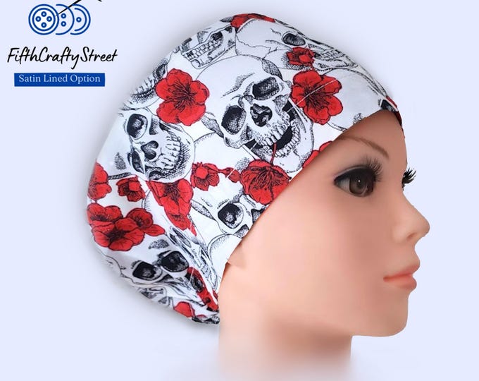 Euro Scrub Caps - Adjustable - Satin Lining option - Skeleton Skull - FifthCraftyStreet
