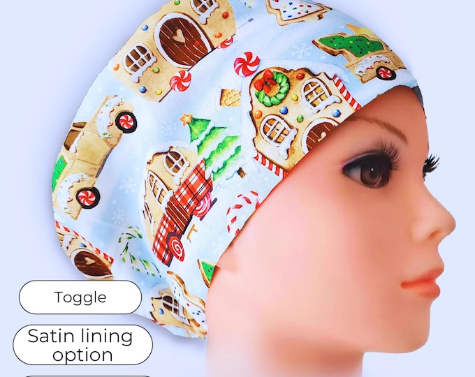 Gingerbread Christmas Euro Scrub Cap Satin Lined Adjustable Surgical Hat with Toggle