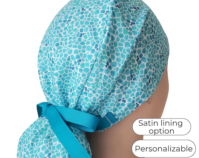 Sea Glass Mosaic Ponytail Scrub Cap - Surgical Cap - Satin Lined option