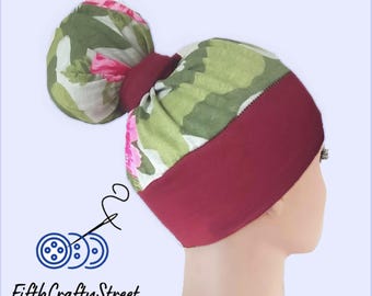 High Bun Scrub Cap, Stretchy Knit Jersey Hats, camouflage maroon Floral - FifthCraftyStreet