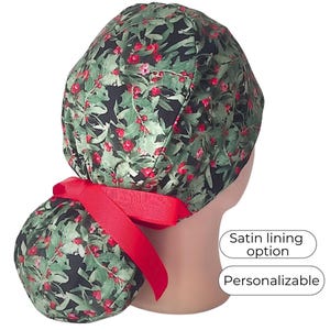 Christmas Ponytail Scrub Cap for Women - Satin Lined Surgical cap option -