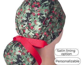 Christmas Ponytail Scrub Cap for Women - Satin Lined Surgical cap option - FifthCraftyStreet