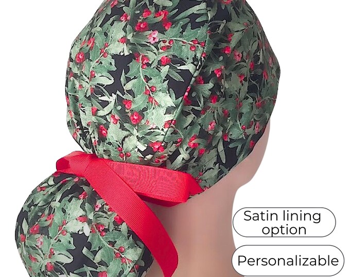 Christmas Ponytail Scrub Cap for Women - Satin Lined Surgical cap option - FifthCraftyStreet