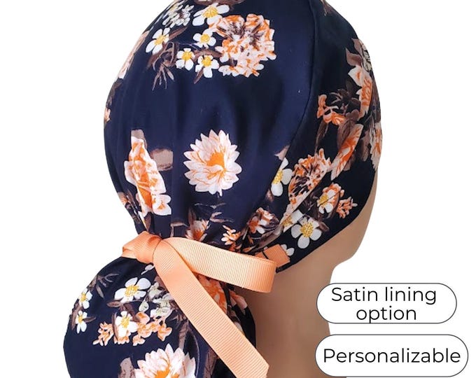 Satin Lined Surgical Scrub Cap - Navy with Coral Ribbons - Satin lining option