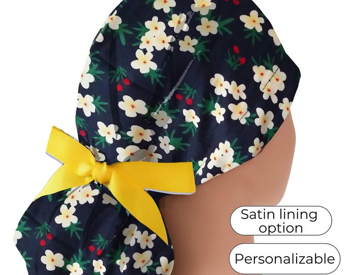 Ponytail Scrub Cap -  Ponytail Scrub Cap - Satin Lined Option - floral on navy - FifthCraftyStreet