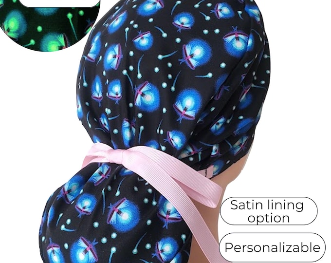 scrub hats ponytail, Firefly, Glow-in-the Dark,  scrub cap with buttons, Satin Lining option - FifthCraftyStreet