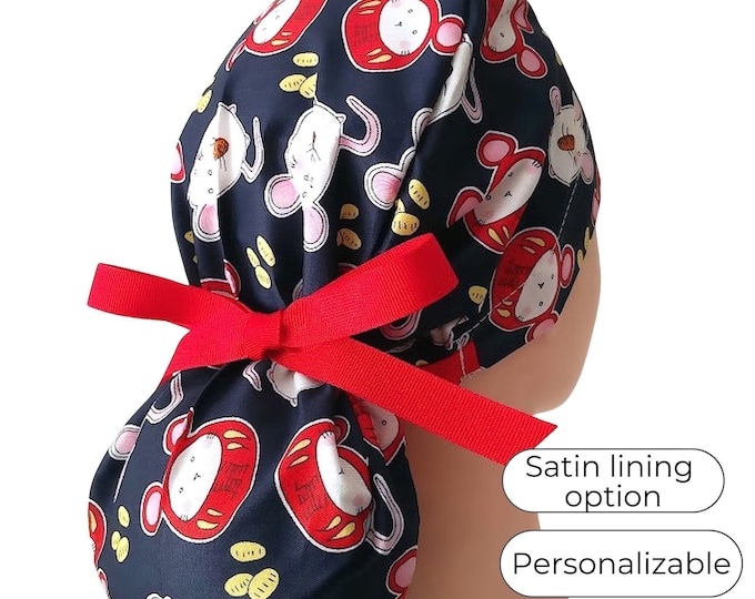 Mise print navy - Ponytail Scrub Cap - Satin Lined Option -