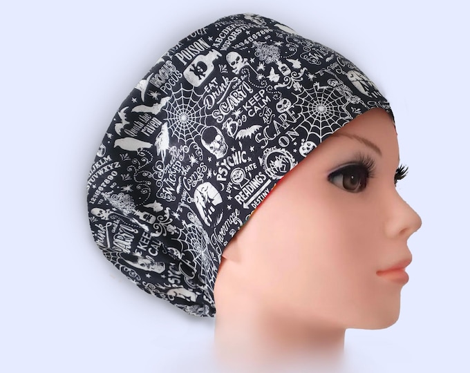 Euro Scrub Cap - Adjustable - Satin Buttons Lined option - Haunted House