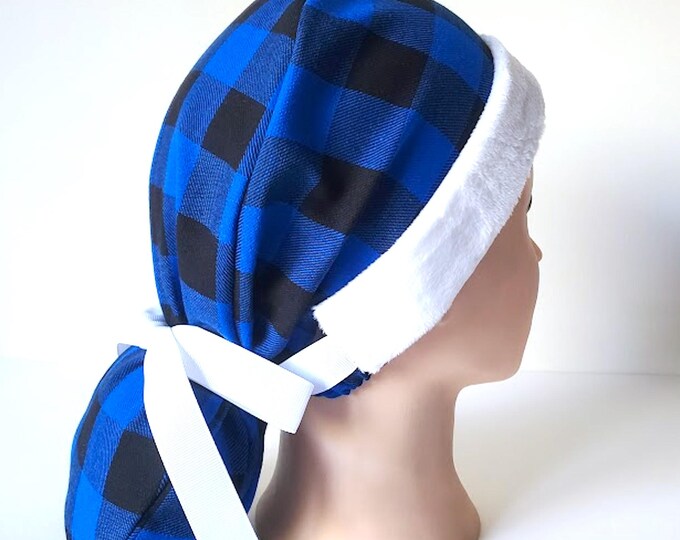 Christmas ponytail scrub cap in blue and black buffalo plaid flannel with fluffy white band Santa-inspired look, satin lined option