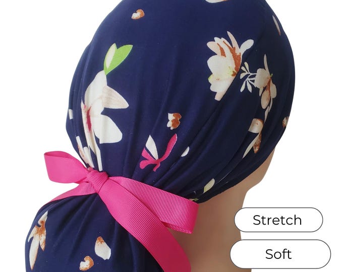 Stretch Ponytail Scrub Cap: navy floral print adjustable nurse scrub hat
