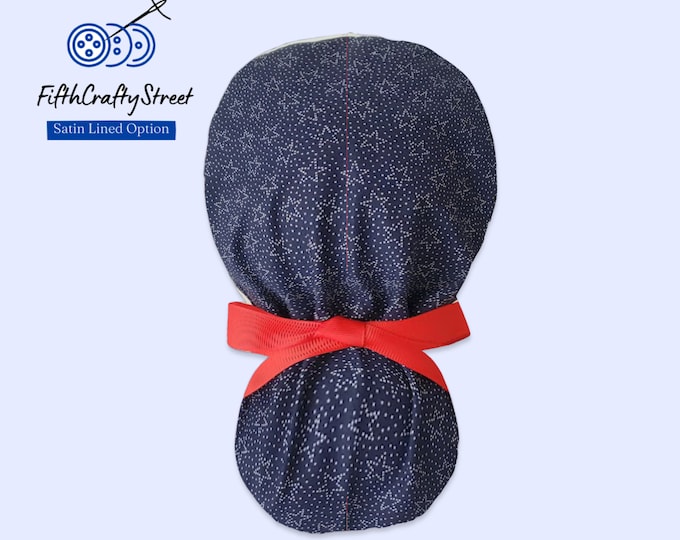 Patriotic - Surgical Cap - 4th of July - Satin Lining option - White Stars on Navy - FifthCraftyStreet