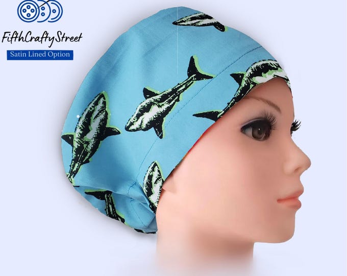 Shark Print - Euro Scrub Cap - Adjustable - Satin Buttons Lined option