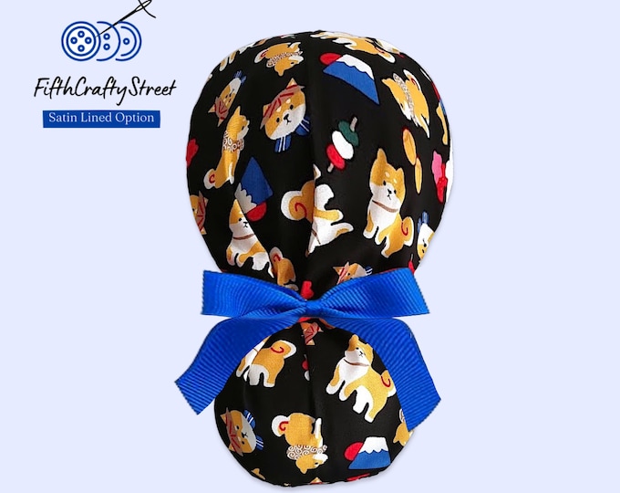 Ponytail Scrub Cap - Surgical Cap - Shiba Dog - Satin Lining Option - FifthCraftyStreet