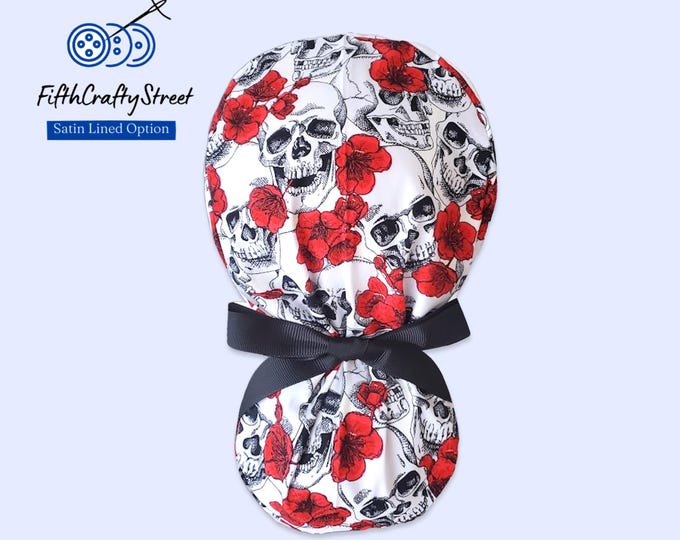 Ponytail Scrub Cap - Skull Surgical cap for Women - Satin Lining option - FifthCraftyStreet