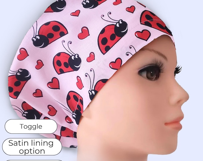 Ladybug Hearst Euro Scrub Cap Satin Lined option Surgical Hat