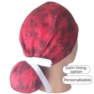 Christmas Scrub Cap: Satin Lined Cotton Ponytail Hat