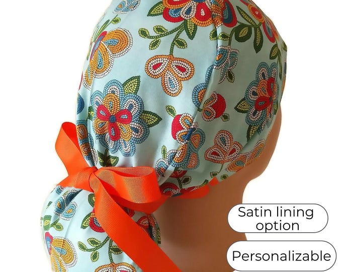 Surgical Cap for Women - Satin Lined Scrub Cap - Ponytail style - Tucson Turquoise - FifthCraftyStreet