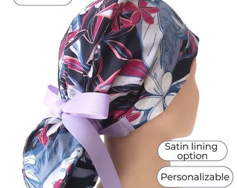 Ponytail Scrub Cap with Satin Lining Option: Tropical Purple Floral on Black