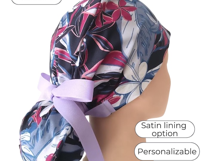Ponytail Scrub Cap with Satin Lining Option: Tropical Purple Floral on Black