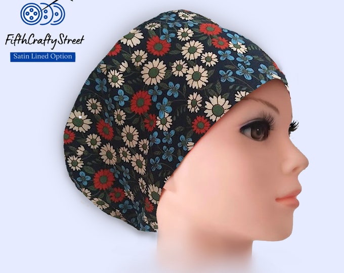 Euro Style Scrub Cap - Adjustable - Satin Lining option - Wildflowers - FifthCraftyStreet
