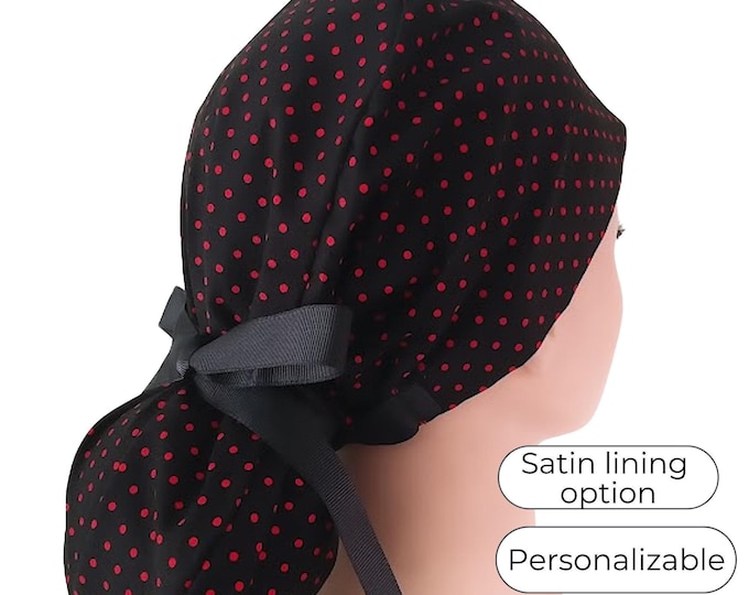 Polkadot print black/red Ponytail Scrub Cap for Women Satin Lined Option
