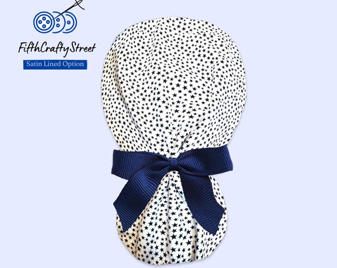 Patriotic - Scrub Cap for Women - Surgical Cap - Silky Satin Lining Option - 4th of July - Navy Stars on White - FifthCraftyStreet