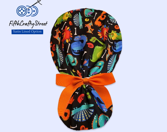 Dinosaurs Ponytail Scrub Cap for Women - Surgical Cap with Silky Satin Lining Option - FifthCraftyStreet