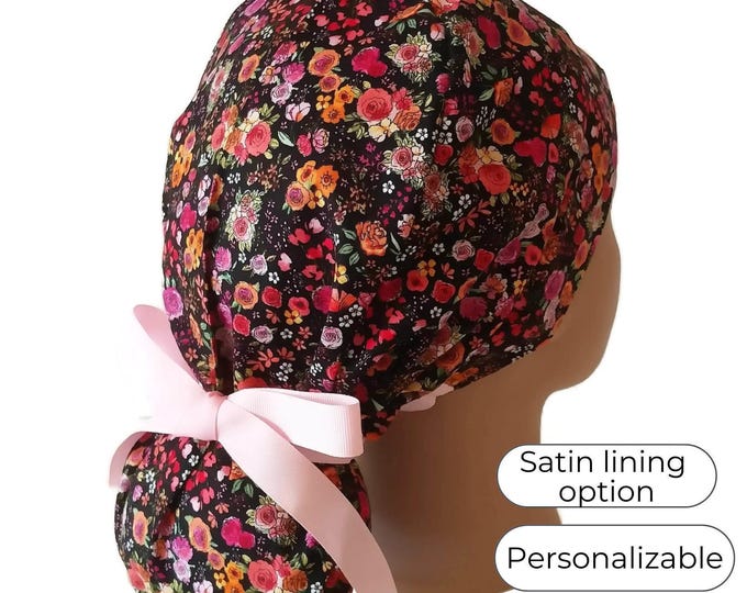 Floral Ponytail Scrub Cap: Satin Lined Cotton Surgical Hat