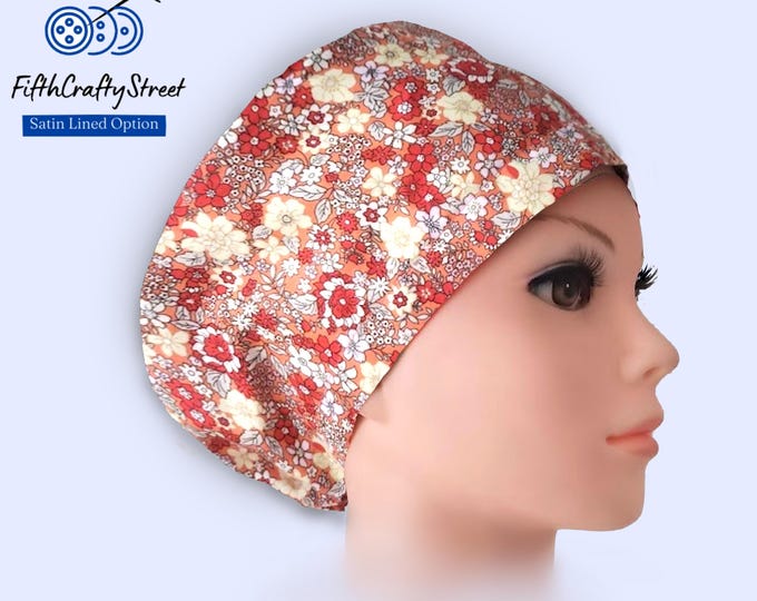 Euro Style Scrub Cap - Adjustable - Satin Lining option - Blue Floral