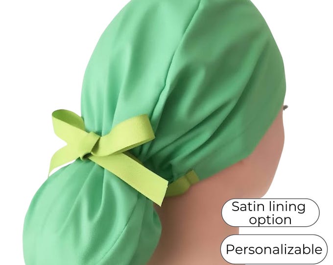 Solid Green Ponytail Scrub Cap for Women - Surgical Cap - Satin Lined Option - FifthCraftyStreet