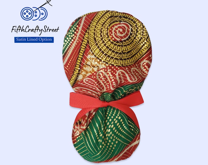 African print Waxed Cotton with Glitter  - Surgical Cap with Ponytail holder - FifthCraftyStreet