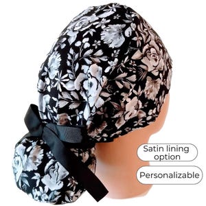 Floral Ponytail Scrub Cap: Black & White Cotton, Satin Lining Option