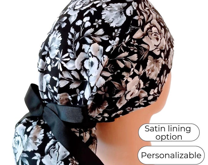 Floral Ponytail Scrub Cap: Black & White Cotton, Satin Lining Option