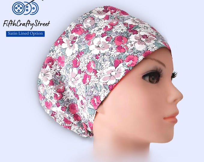 Euro Scrub Cap: Floral Cotton Surgical Hat with Satin Lining