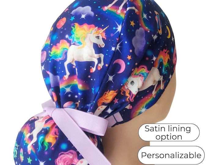 Ponytail Scrub Cap in Magical Unicorn Print: Satin lining, Butons, Embroidery option