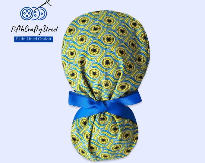 Ponytail Scrub Cap for Women - African Sunset - Surgical Cap Satin Lined Option - Snake Circle Patterns with metallic - FifthCraftyStreet