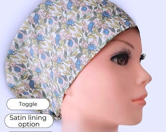 Bunny in blue jacket pink Euro Scrub Cap, Satin Lined Surgical Hat for Women