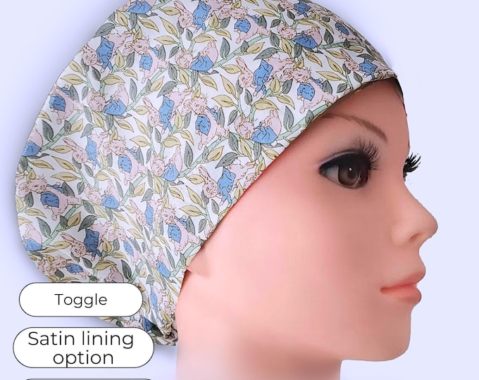 Bunny in blue jacket pink Euro Scrub Cap, Satin Lined Surgical Hat for Women