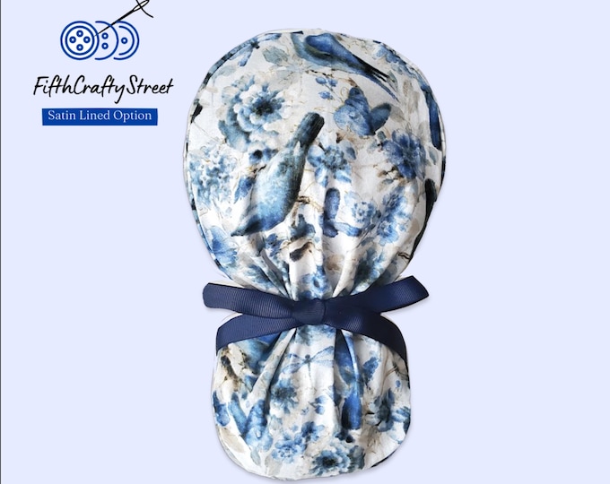 Ponytail Scrub Cap - Surgical Cap - Satin Lining Option - Bird Blue - FifthCraftyStreet