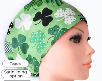 St Patrick's Day Euro Style Scrub Cap, Green Clover – Adjustable, Satin Lining Option, Personalizable